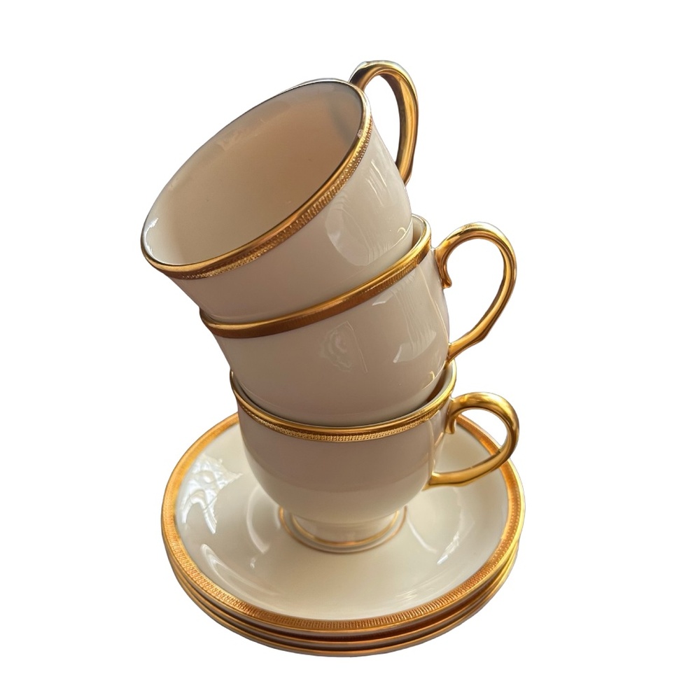 LENOX Tuxedo Collection Ivory Bone China Cup & Saucer (set of 3) Gold Encrusted